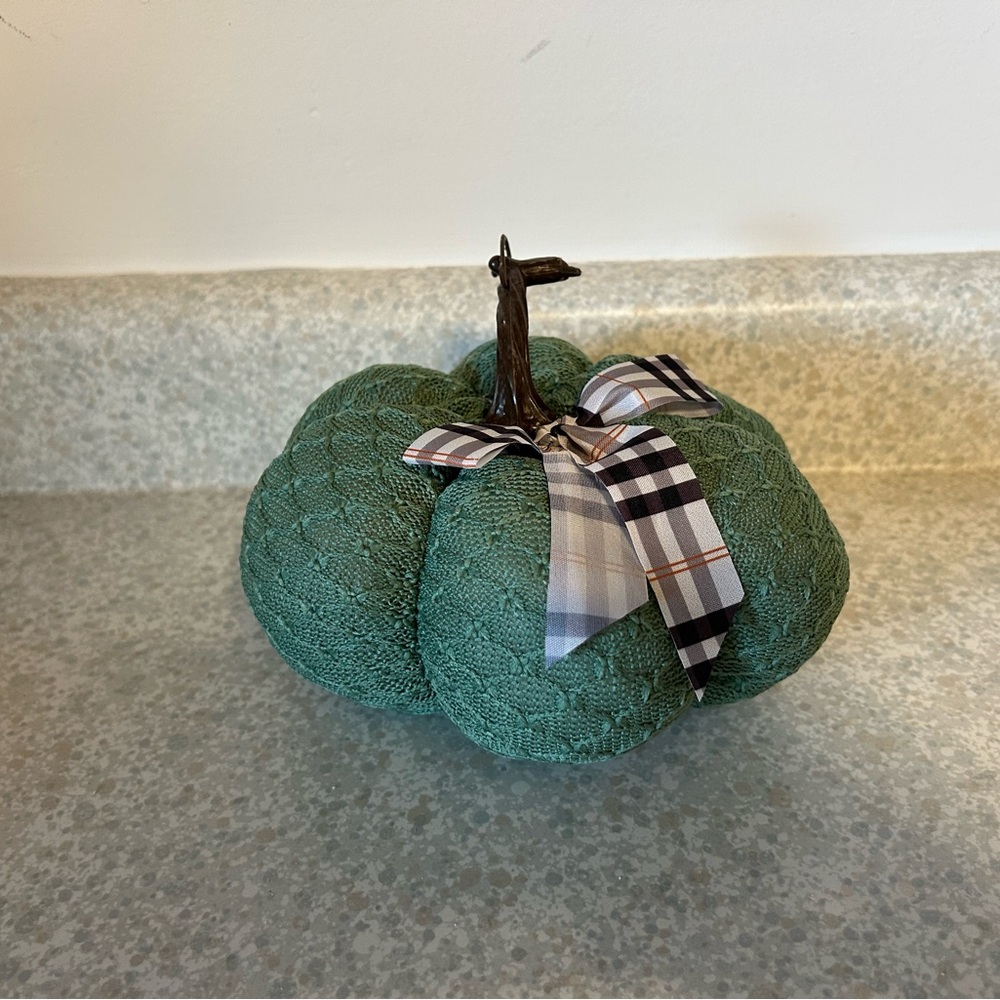 Green Decorative Pumpkin with Plaid Bow